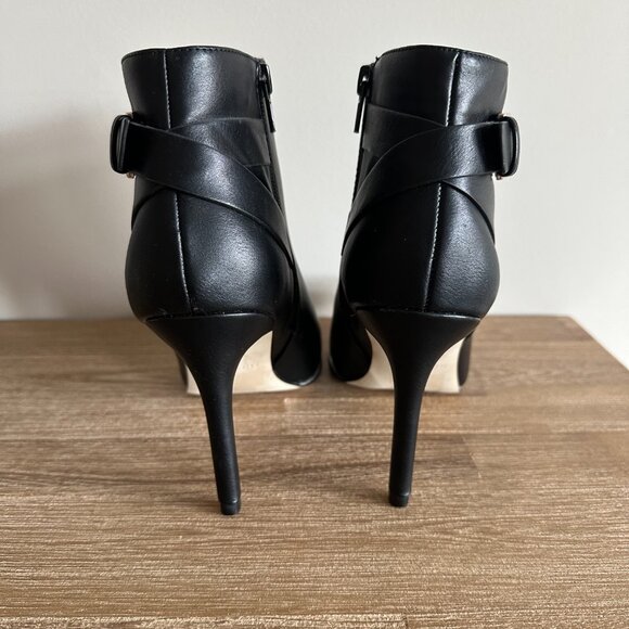 High Heel Ankle Booties Womens Size 8 Faux Leather Gold Buckle Pointy Toe - Picture 6 of 7